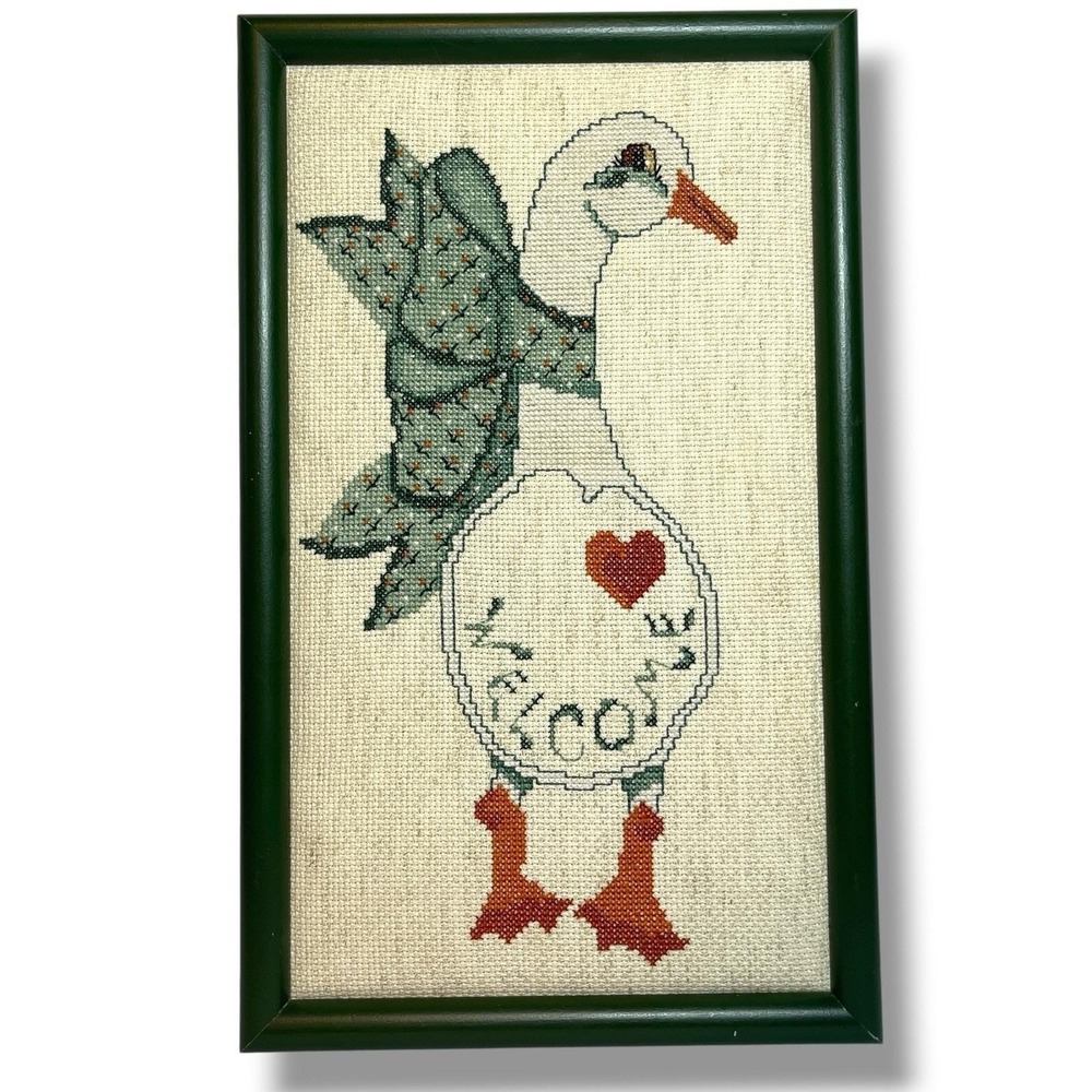 Country Girl Goose big bow Framed Finished Cross Stitch Welcome 13.5x 8.1" Green